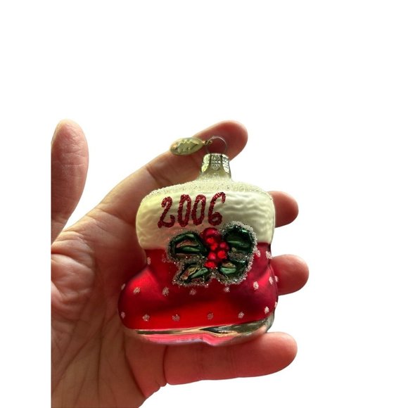 2006 Flocked Santa’s Snow Boot Holly Blown Glass Christmas Ornament Poland 2.5” - Picture 3 of 11